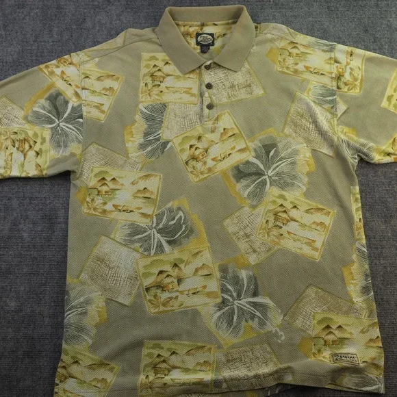 Vintage Tommy Bahama Polo Shirt Large Yellow Beach Floral Short Sleeve Cotton - Picture 1 of 7